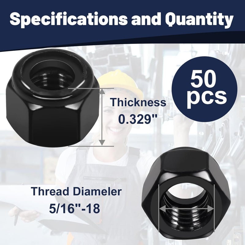 ZQZ 5/16-18 Black 304 Stainless Steel Nylon Lock Nuts, 50PCS Coarse Thread Nylock Nut, Black Oxide Insert Locknuts - Image 2